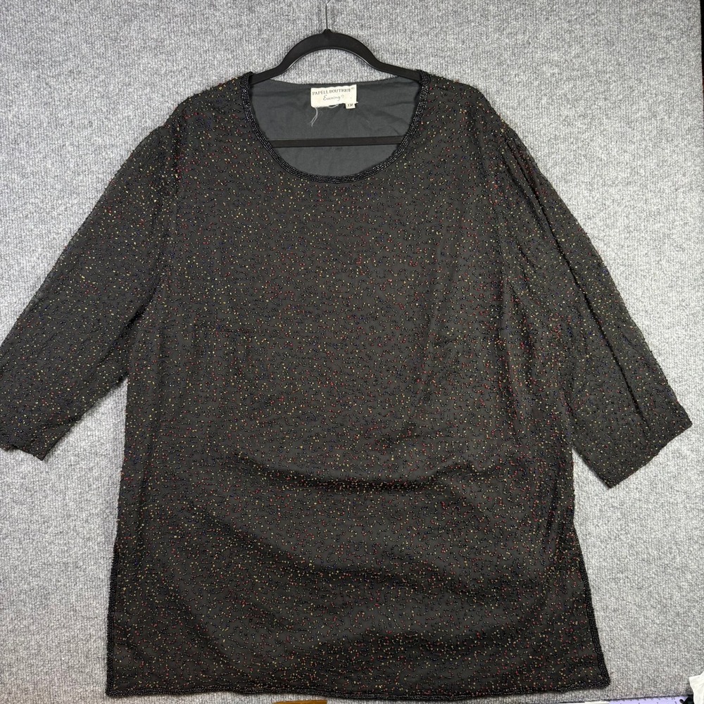 Papell Boutique Beaded Blouse Womens 1X Black Multicolored Silk Evening Top
